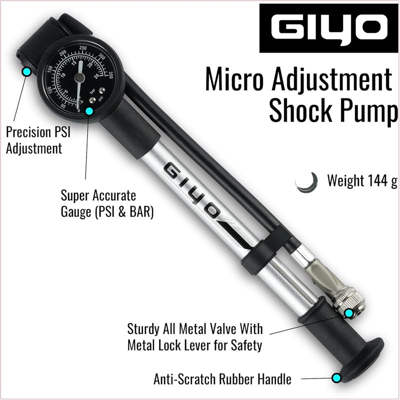 Giyo مضخة صدمات عالية الضغط (350 PSI) – قفل ذراع قوي لمنع فقدان الهواء، برميل ألمنيوم، مقياس قرص 1.5 بوصة، صمام تخفيف دقيق، خرطوم دوار 360°، صنع في تايوان - Image 2